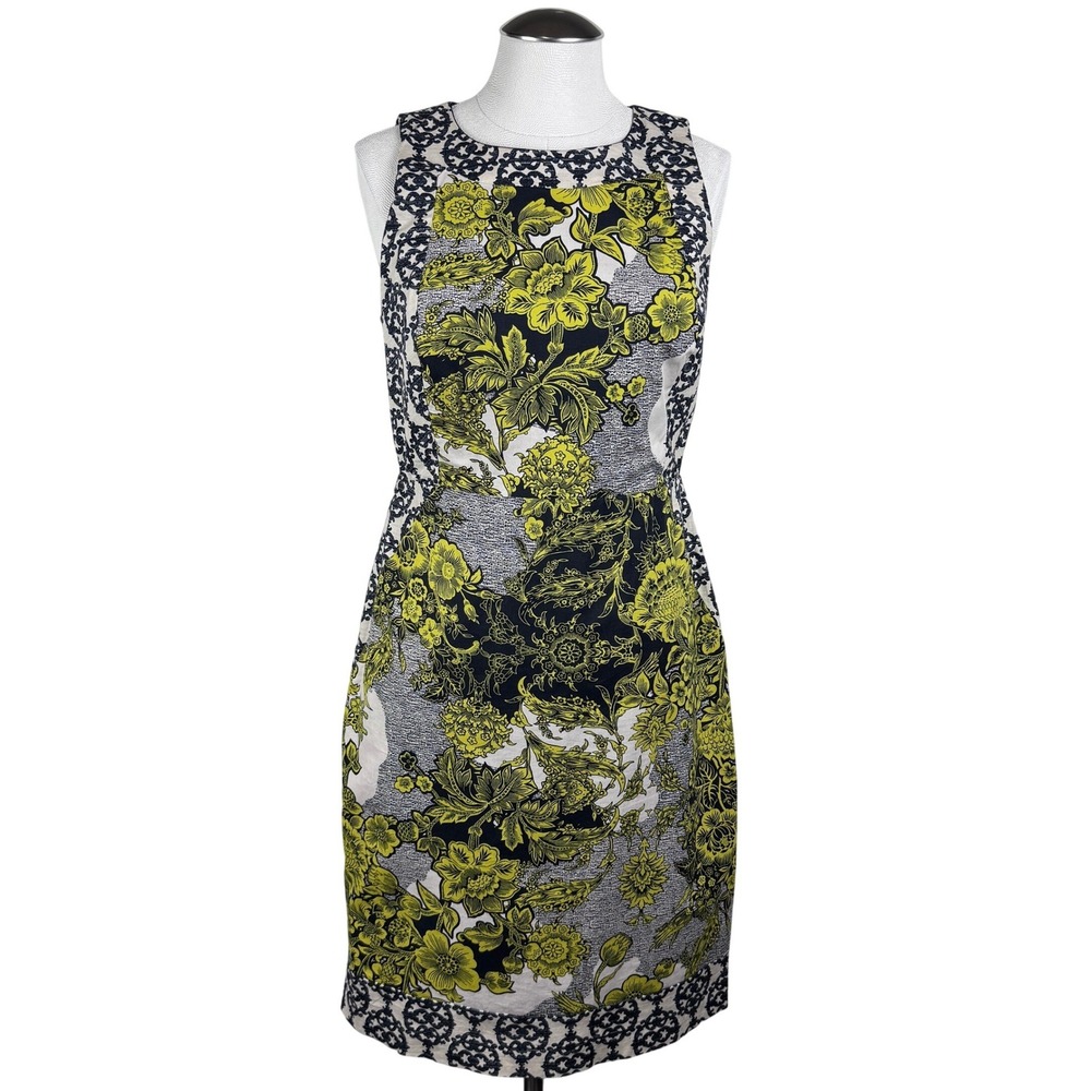 Weston Wear Floral Sheath Dress Black Yellow Geometric Print Made in USA Size 8